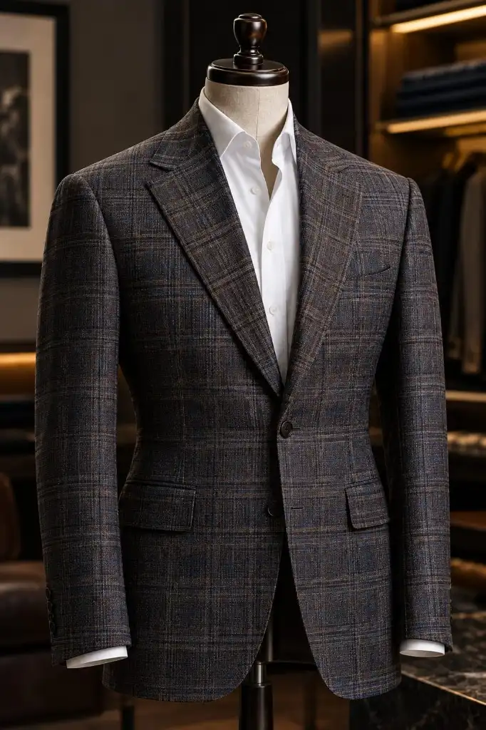 Blazer xadrez sob medida em manequim, combinado com camisa branca