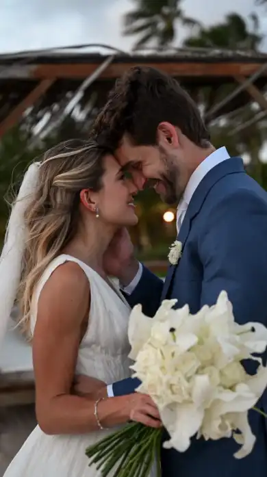 Noivos em momento íntimo, com o noivo de terno azul sob medida