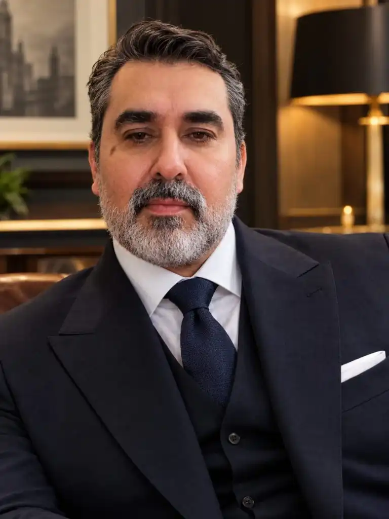 Sergio Saturnino, fundador da Sartoria Via Italy, de colete, paletó azul-marinho e gravata